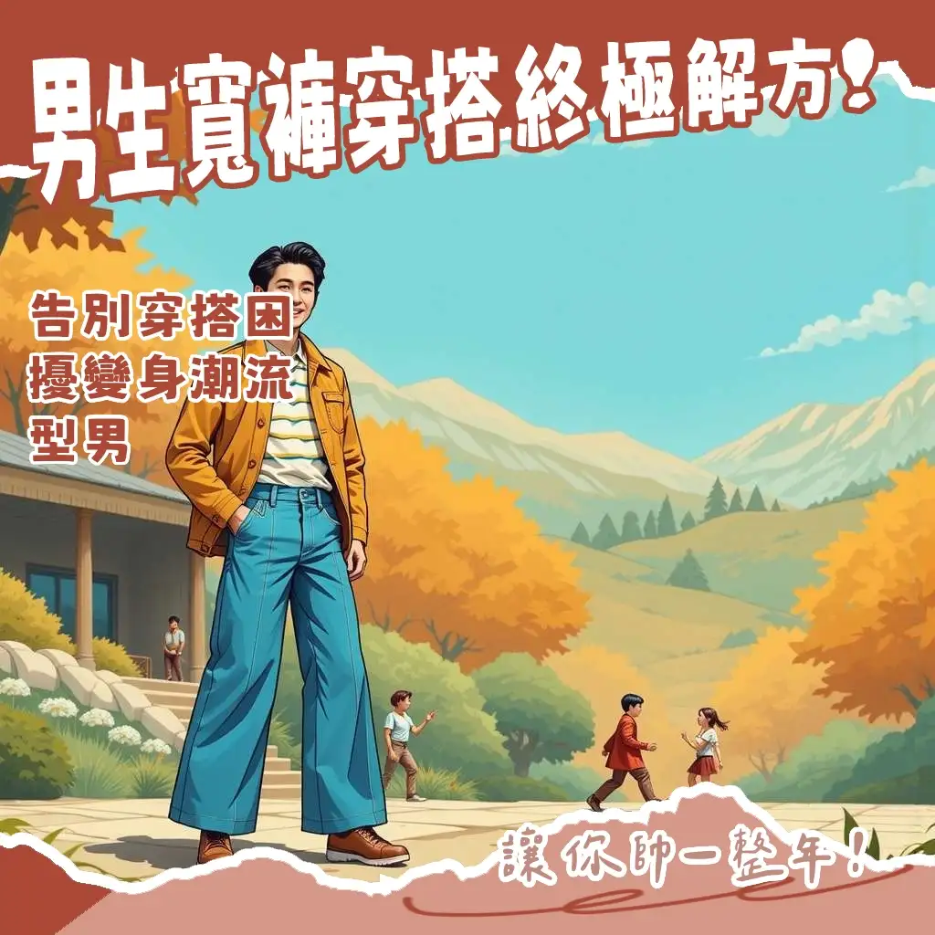 男生牛仔寬褲穿搭示範,包含上衣、鞋款與不同季節的搭配指南。